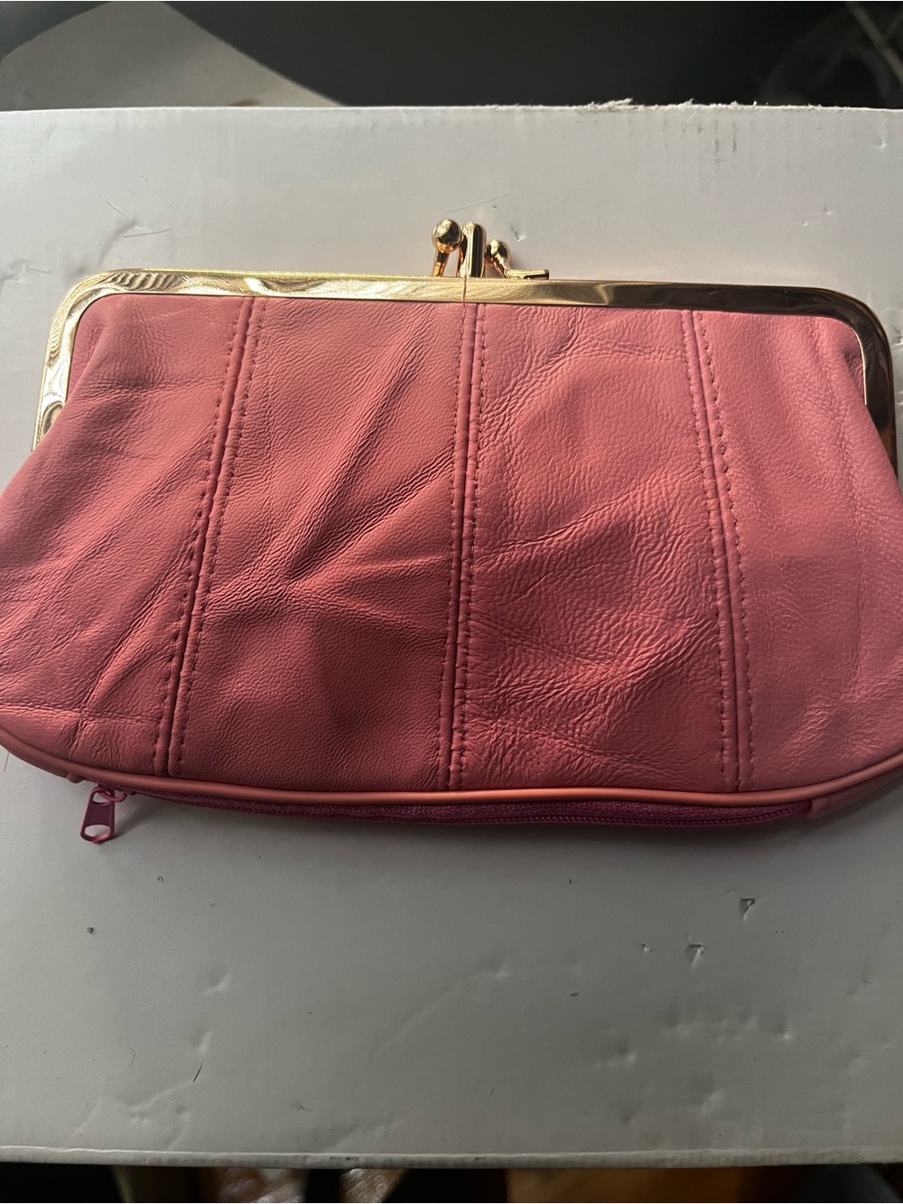 Pink Leather Clasp Wallet Purse with Gold Trim